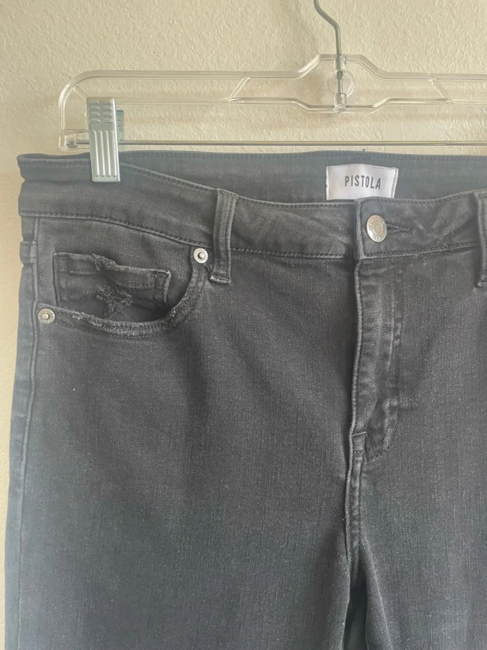 Pistola Denim Jeans Sz 31 Black Cropped Raw Hem Distressed High Rise Straight